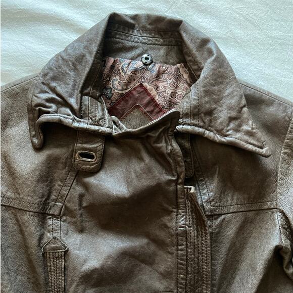 Jakett New York Leather Biker Moto Jacket Asymmetrical Zip Cargo Pocket Brown - Picture 10 of 13